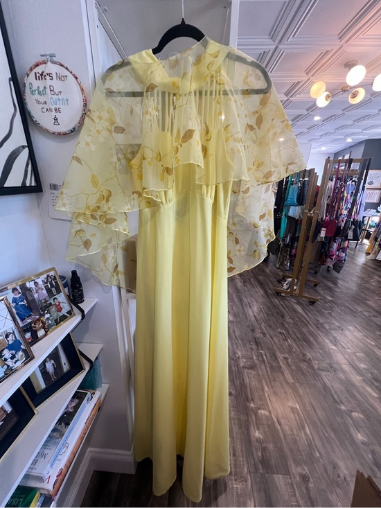 Vintage Dresses & Skirts - Vintage Yellow Floral Overlay cape Maxi Dress